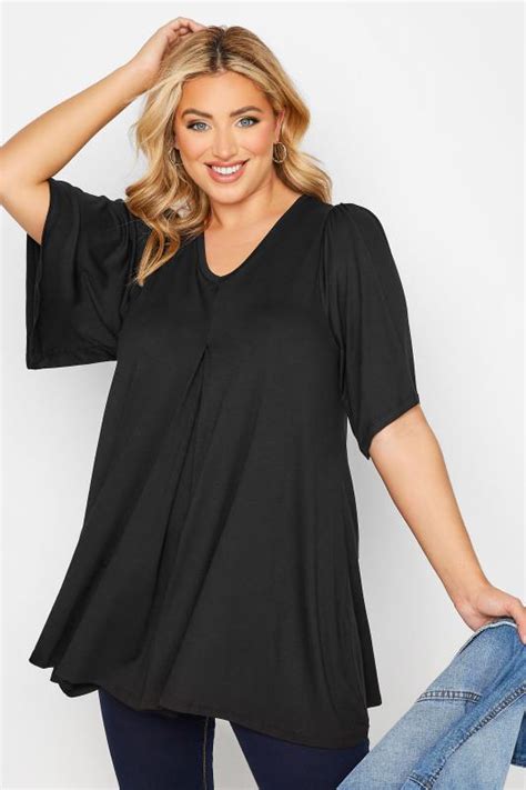 Plus Size Black Pleat Angel Sleeve Swing Top Yours Clothing
