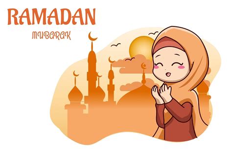 Cute Muslim Girl Pray In Mosque Ramadan Kareem Cartoon Illustration