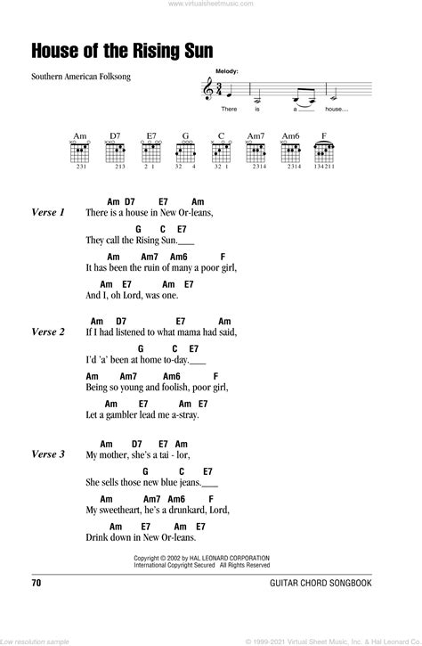House Of The Rising Sun Sheet Music For Guitar Chords