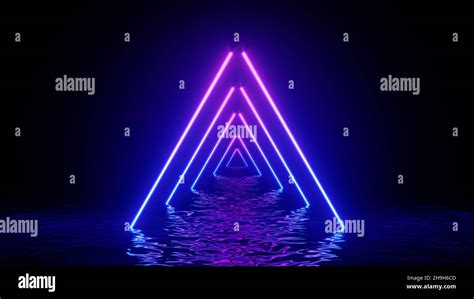 Glowing Neon Triangle With Reflections In Water Surface Abstract