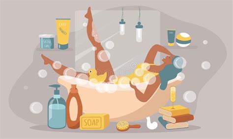 Illustration In Flat Style Young Beautiful Woman Takes A Bubble Bath Stock Vector