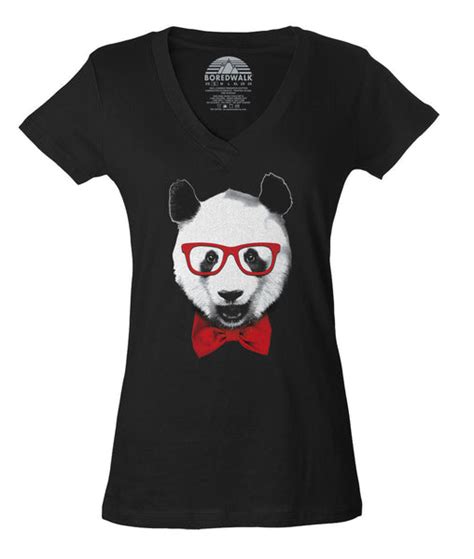 Womens Fancy Panda With Glasses Vneck T Shirt Boredwalk