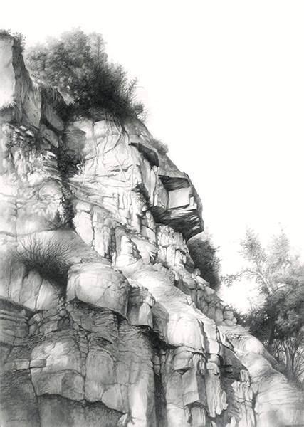 A Black And White Drawing Of A Rocky Cliff