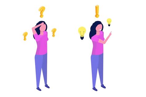 premium vector problem solving concept isometric woman thinking with question mark and light
