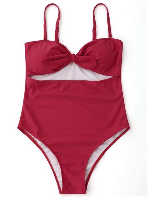 17 Off 2019 Bowknot Cut Out High Leg Swimwear In Red Zaful