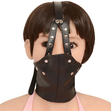 Leather Head Harness Panel Mouth Ball Gag Restraint Face Mask Collar
