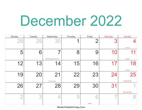 December 2022 Calendar Printable With Holidays Whatisthedatetodaycom