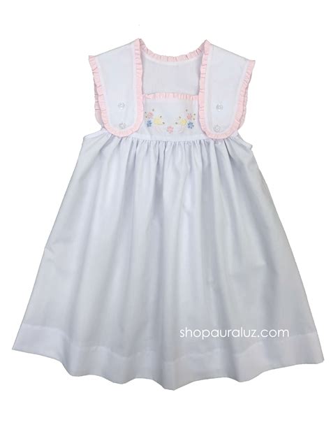 auraluz sun dress white with pink ruffle trim and embroidered flowers auraluz