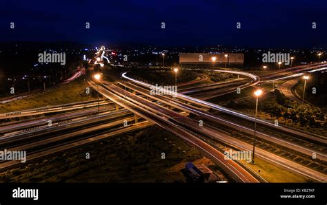 Over Road City Highway At Night Bird Eye Viwe Drone Top View Stock