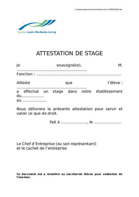 Attestation De Stage