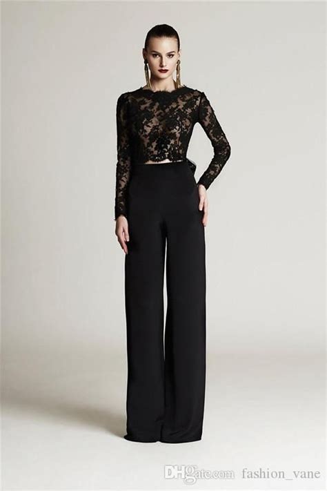 Modest Two Piece Mother Of The Bride Pant Suits Black Long Sleeve
