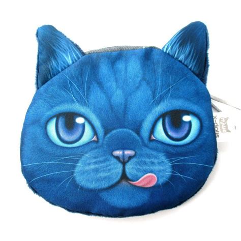 Hungry Kitty Cat Face Shaped Dark Blue Soft Fabric Zipper Coin Purse