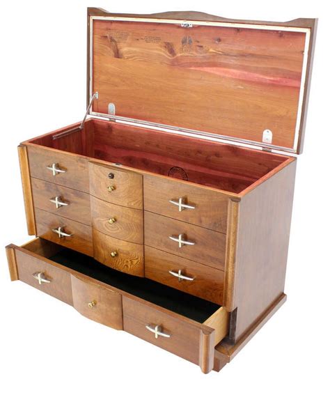 Buy this antique chest or trunk with brass mounts online or instore now. Mid-Century Modern Cedar Hope Chest with a Drawer at 1stdibs