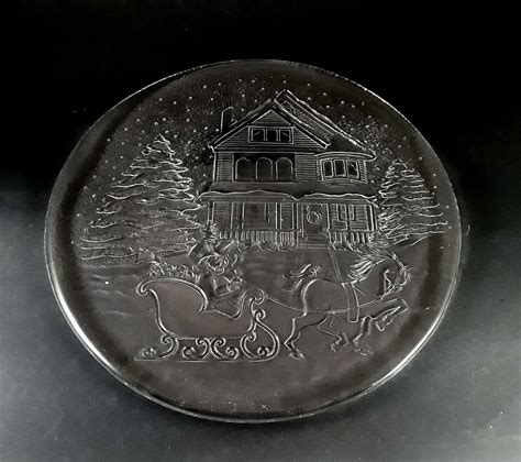 Libbey Holiday Christmas Serving Platter Plate Clear Frosted Etsy Santa House Holiday
