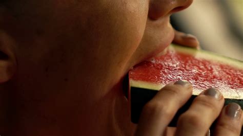 Young Woman Eating Watermelon Super Slow Motion Stock Video Footage