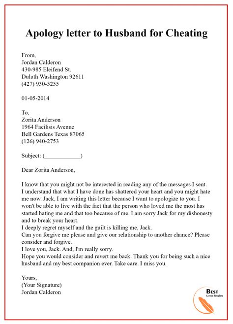 Apology Letter Template To Husband Sample And Examples