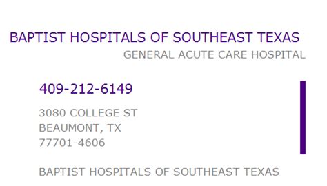 1093744187 Npi Number Baptist Hospitals Of Southeast Texas Beaumont