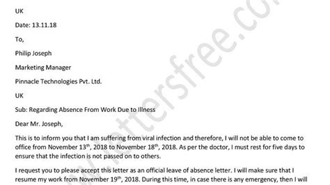 Sample Excuse Letter For Missing Work Due To Illness Off