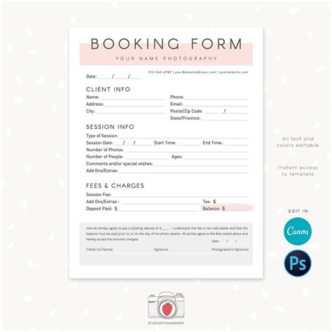 Photography Forms Client Booking Form Template For Photographers