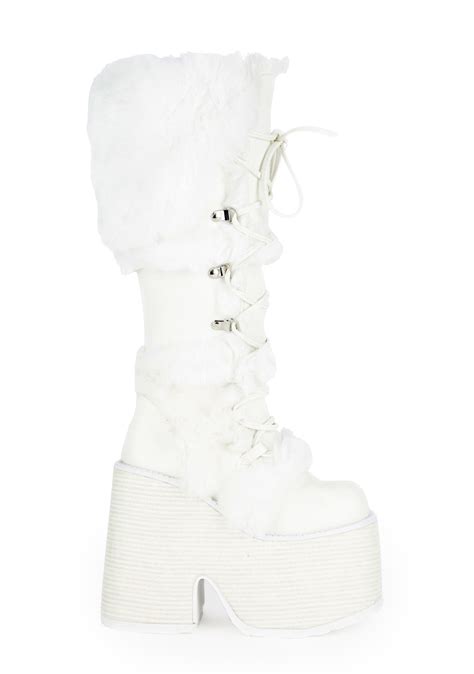 Demonia X Dolls Kill Eskimo 305 Faux Fur Knee High Platform Boots White