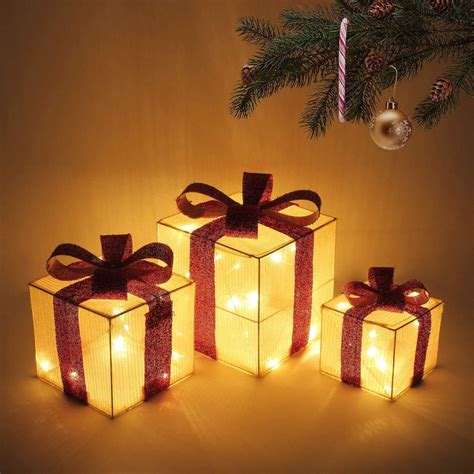 Set of 3 LED Light Up Festive Xmas Christmas Gift Parcel Box Set