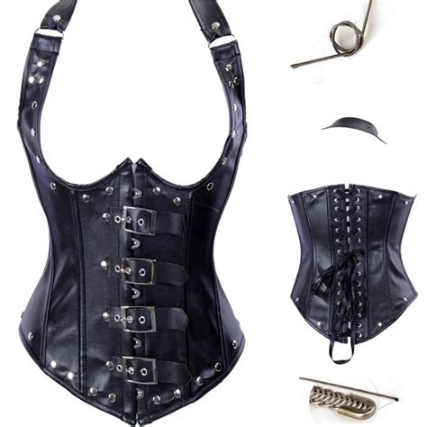 Hot Female Erotic Punk Halter Corsets Faux Leather Neck Cupless Buckle