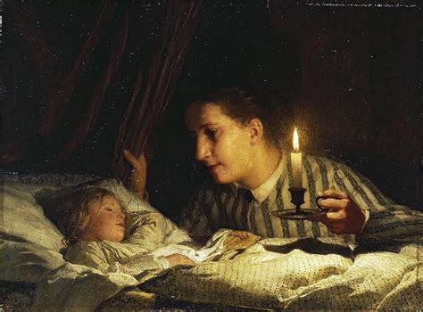Junge Mutter bei Kerzenlicht ihr schlafendes Kind betrachtend Bilder Gemälde und Ölgemälde