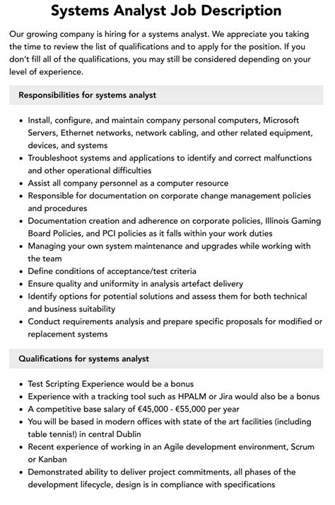 Systems Analyst Job Description Velvet Jobs