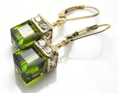 Olive Drop Earrings Green Swarovski Crystal Cube Gold Etsy