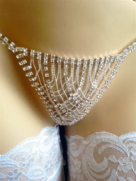 Rhinestone Lingerie Thong Panties Silver Bead Chain Bridal Etsy
