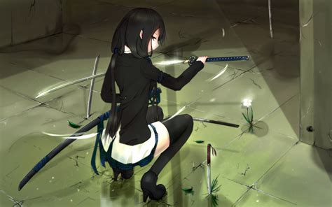 Original Characters Stockings Dark Hair Sword Heels Thigh Highs Skirt Katana Knife