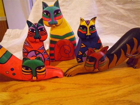 Three Laurel Burch Carved Wood Cats Figurines Decor