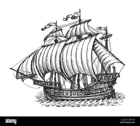 Sketch Of Sailing Old Ship Nautical Concept Hand Drawn Vector