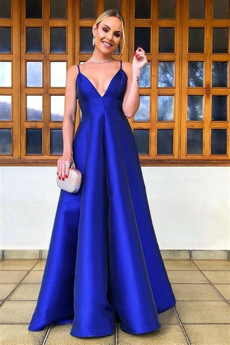 simple a line v neck backless royal blue satin long prom dress v neck abcprom