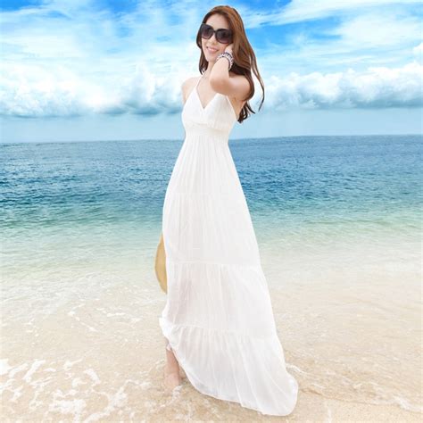 Buy Halter V Neck Long White Cotton Beach Casual Dress