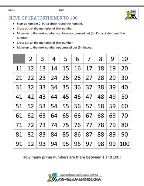 Prime Numbers Sieve Of Eratosthenes Worksheet
