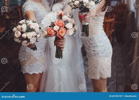 Bride And Bridesmaids Holding Bouquets Stock Image Image Of Dress Detail 69105107