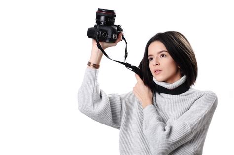 Premium Photo Beautiful Female Photographer Posing With Camera