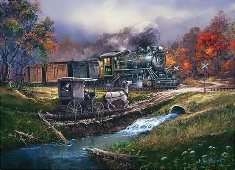 Amish Buggy Waiting For The Train Painting Train Art Train Wall Art