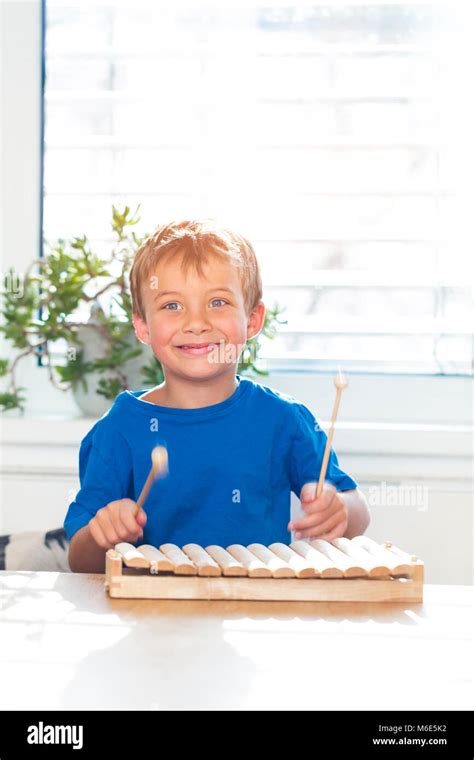Young Boy Is Playing Xylophone At Home Stock Photo Alamy