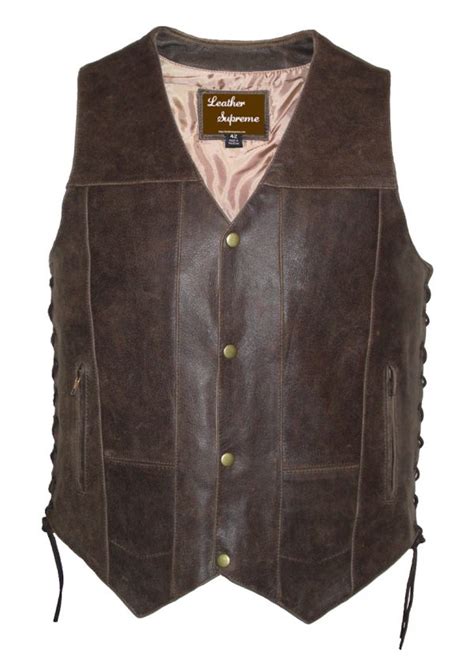 Mens 10 Pocket Rustic Brown Concealed Carry Buffalo Hide Leather Vest
