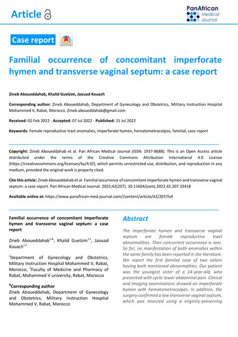 Pdf Familial Occurrence Of Concomitant Imperforate Hymen And Transverse Vaginal Septum A Case
