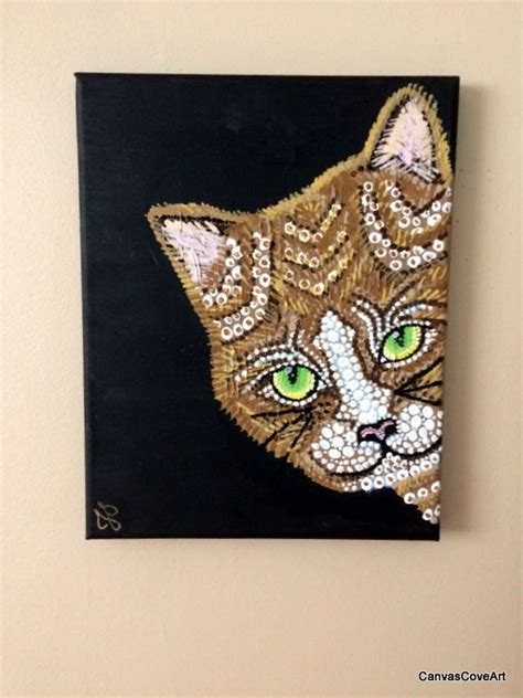 Golden Cat Aboriginal Dots And Slashes Acrylic Painting 8 X 10 Canvas