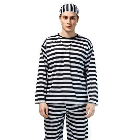 Mens Adult Halloween Costume Black And White Striped Prison Uniform Prisoner Cosplay Costume Wish
