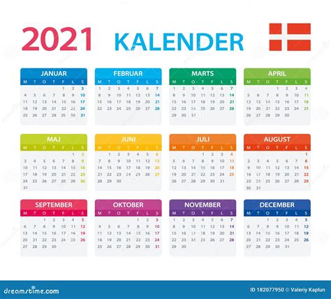 2021 Calendar Danish Vector Illustration Danish Version Stock