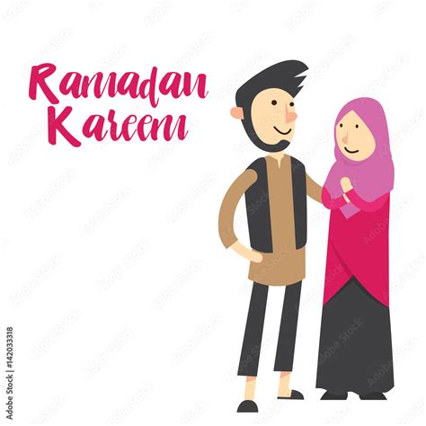 cute muslim couple celebrating ramadan and eid greetings card suitable for printing social