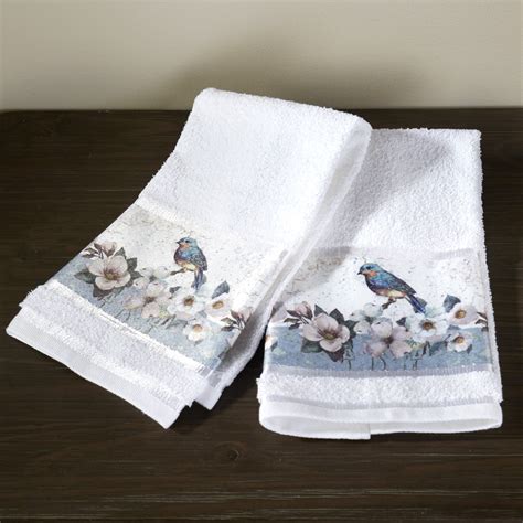 Floral Bluebird Motif Hand Towels For The Bathroom And Kitchen Set Of