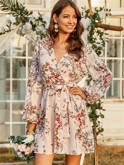 floral print surplice front belted dress shein south africa in 2020 dresses womens trendy