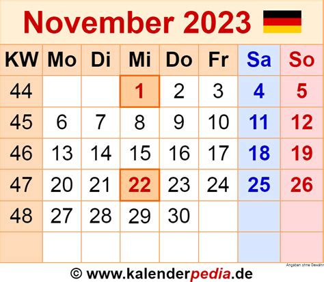 Kalender November 2023 Als Word Vorlagen