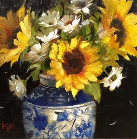 Daily Paintworks Sunflowers In White Blue Original Fine Art For